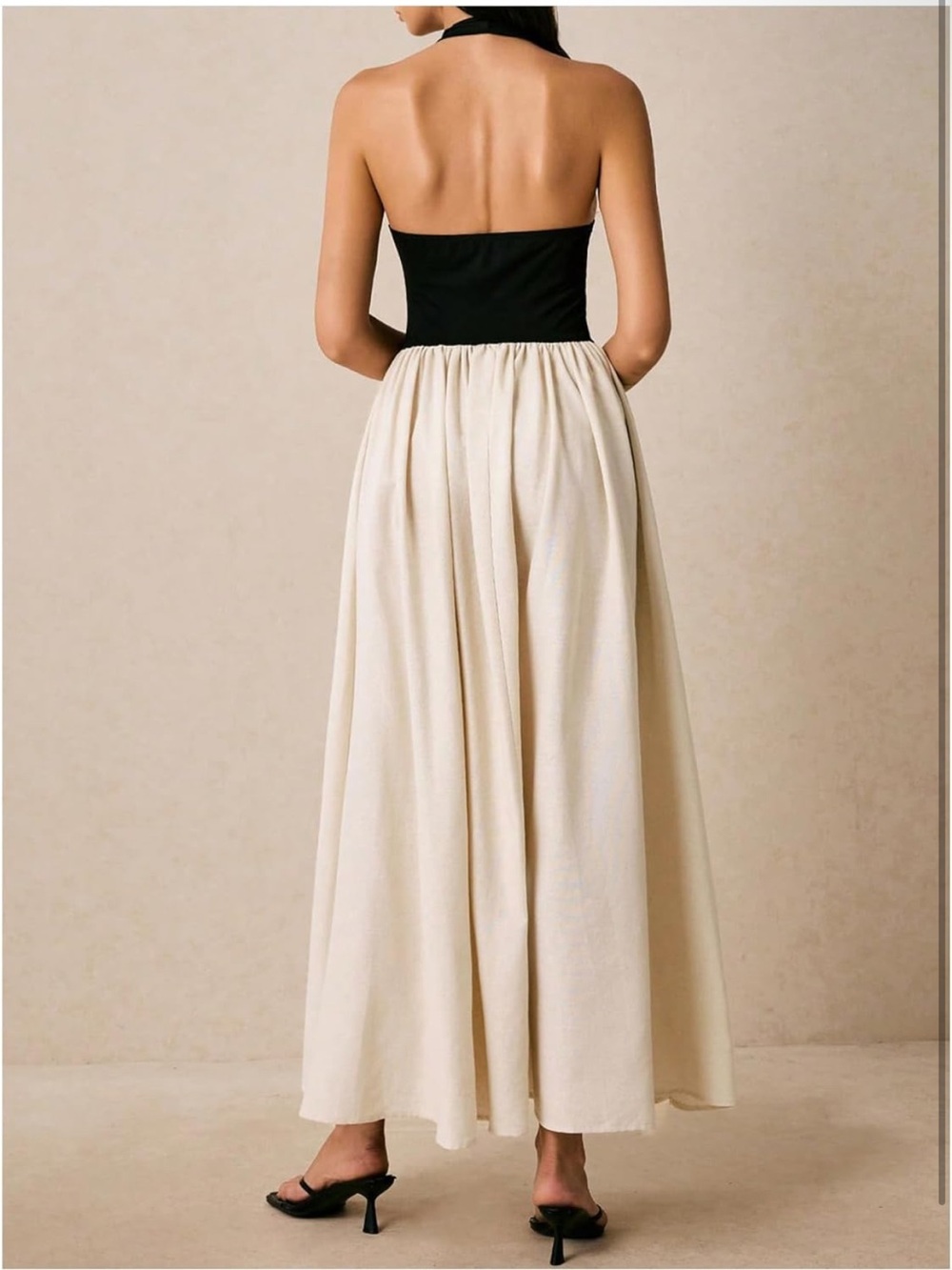 Black & Cream Halter Linen Maxi Dress. NWT. Size Large - Picture 3 of 3